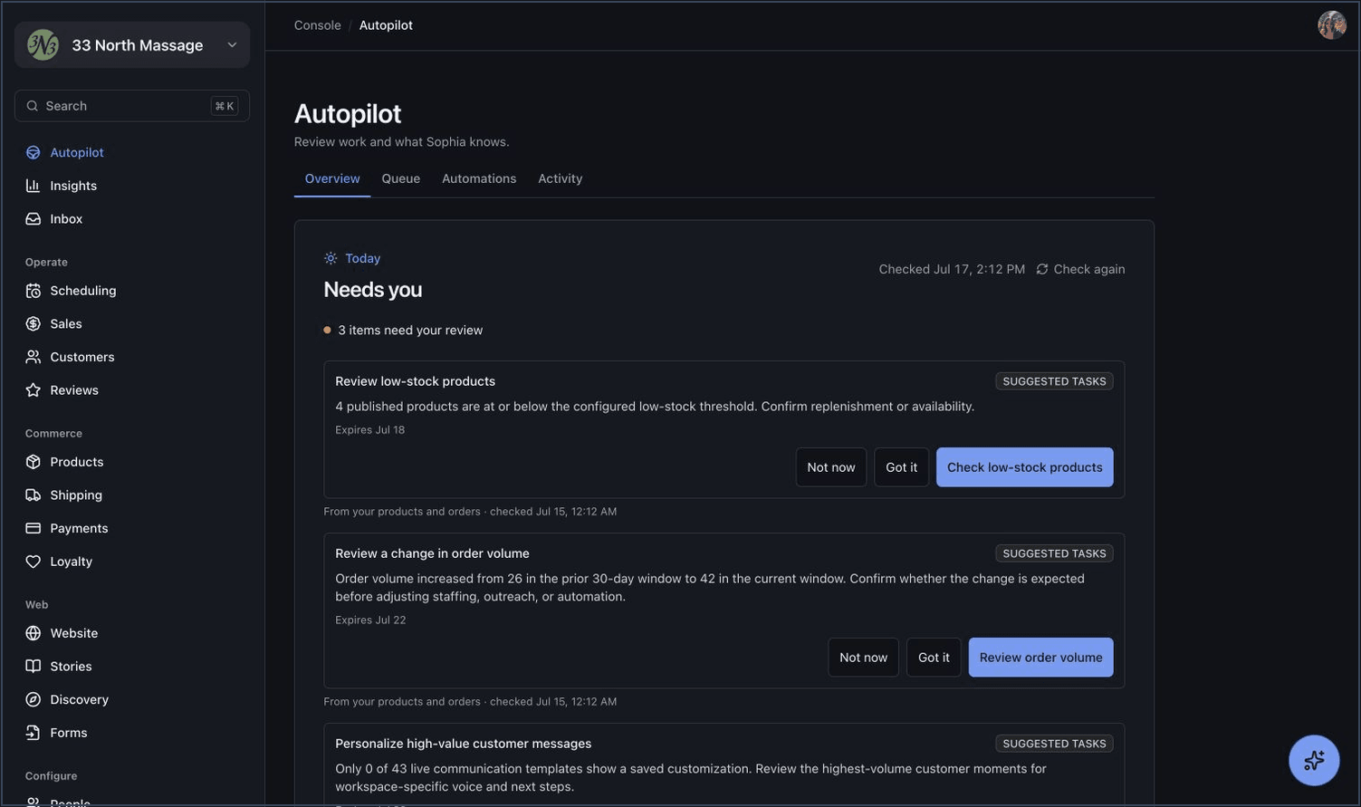 Sophosic Console Autopilot showing proposed work, evidence, and approval controls