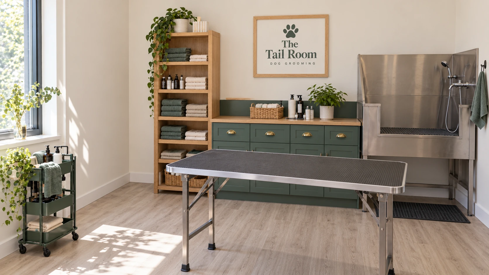 The Tail Room dog grooming studio with a sage grooming table and wall sign.