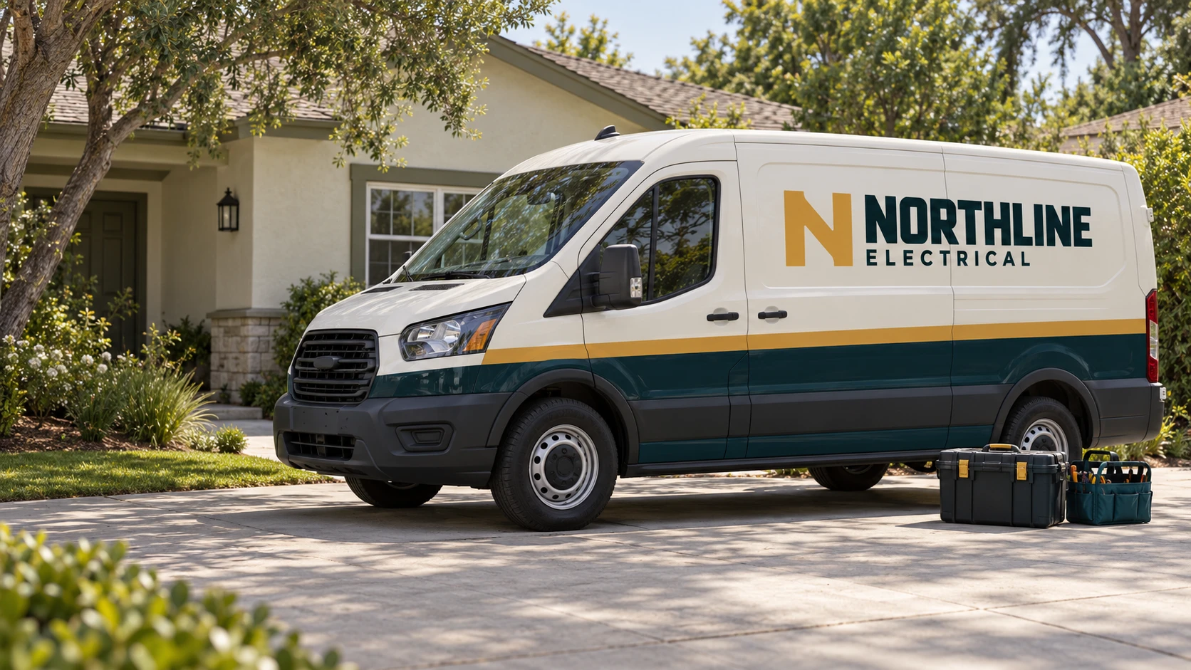 Northline Electrical company van with an ivory, teal and amber wrap.
