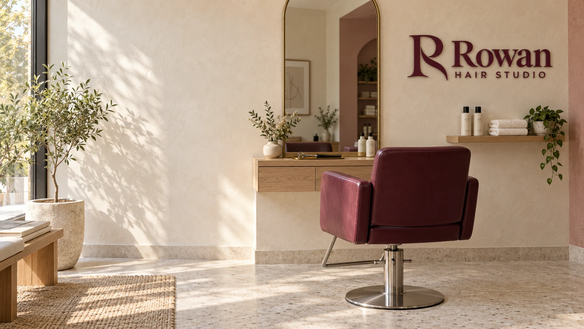Rowan Hair Studio salon with a burgundy chair and branded wall sign.